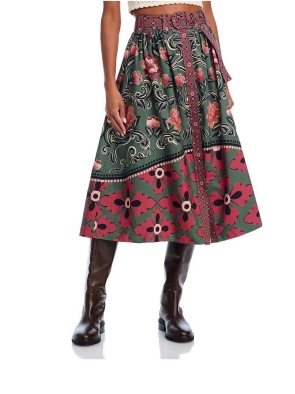 FARM Rio Green Midi Skirt with Rose Floral Border